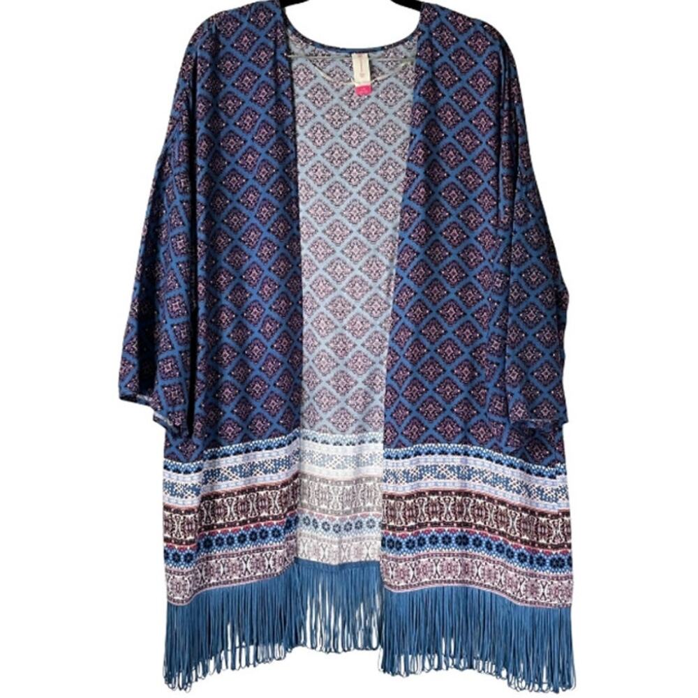 Vintage No Boundaries Blue Purple Tribal Print Fringed Open Front Kimono Size L
